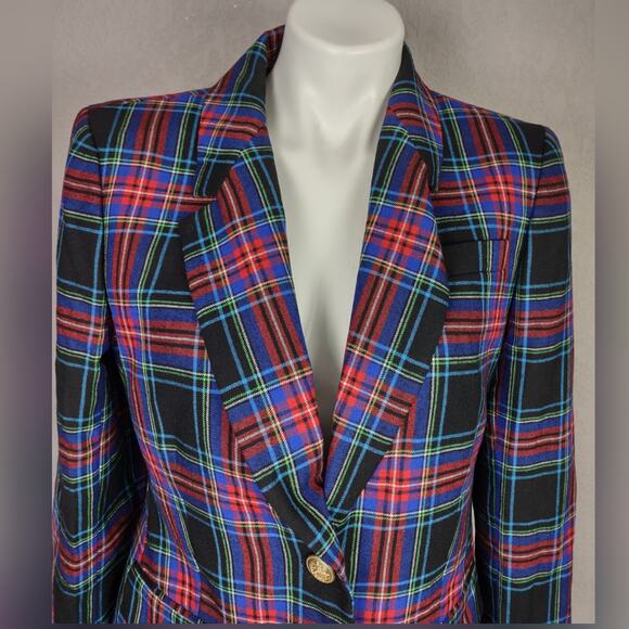 J. Crew Black Red Blue Nipped in Blazer Stewart Tartan Wool Blend Plaid Size 6 - Picture 10 of 16